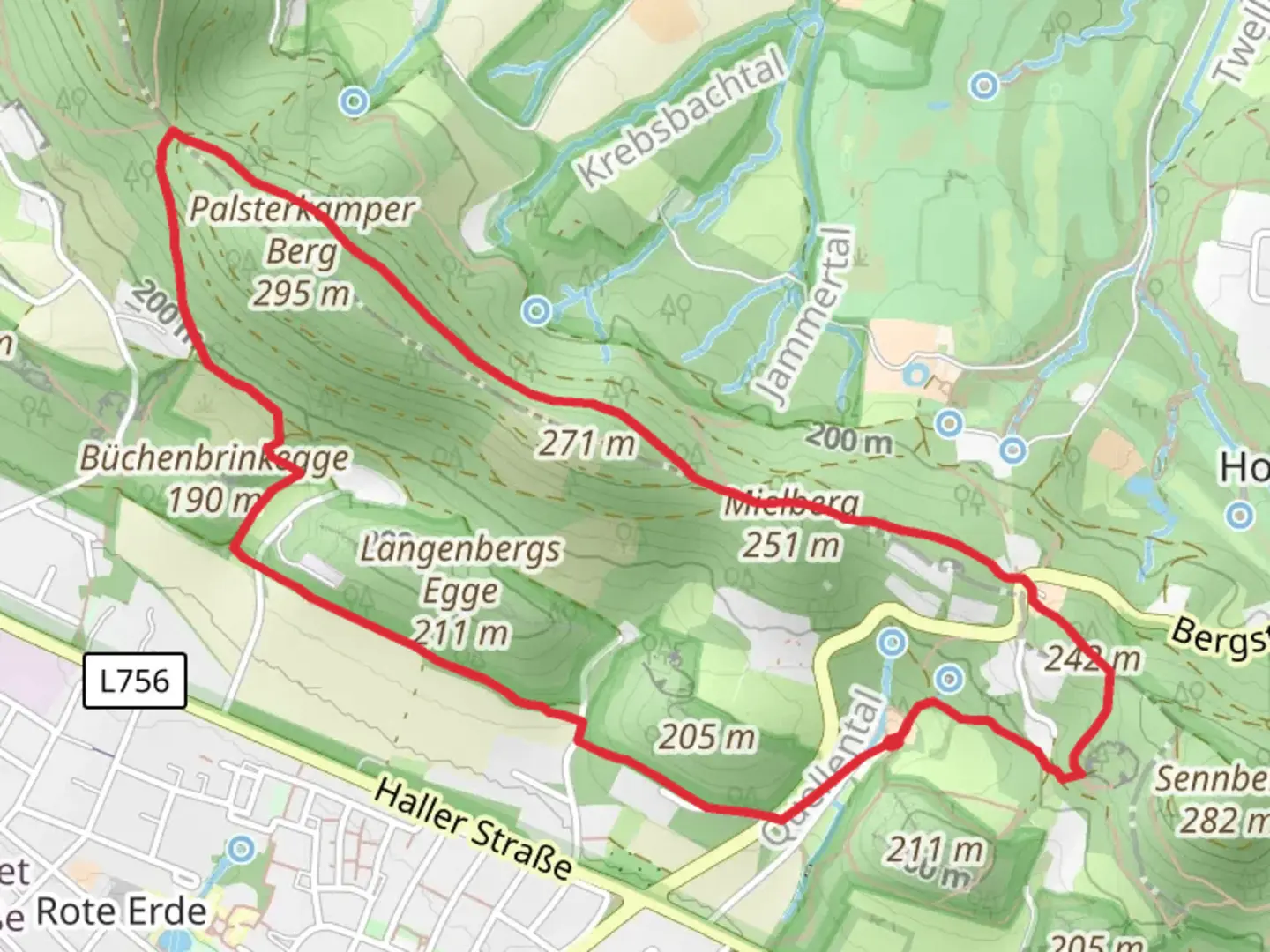 An image depicting the trail Egge, Palsterkamper Berg and Mielberg Loop via Quellweg and its surrounding area.