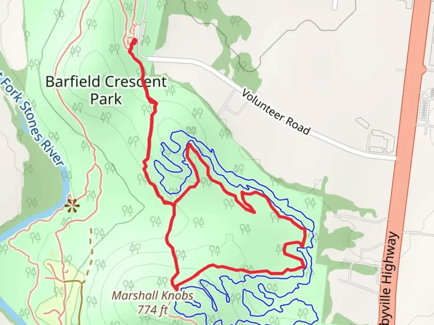 An image depicting the trail Marshall Knobs Trail and its surrounding area.