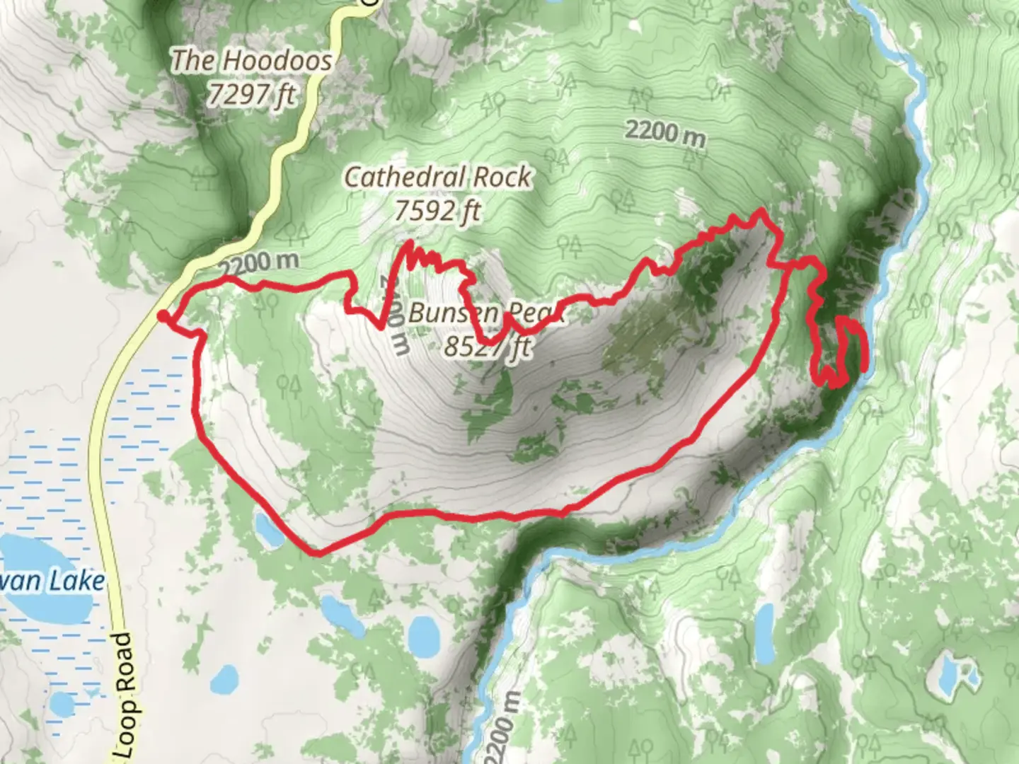 An image depicting the trail Bunsen Peak and Osprey Falls Loop Trail and its surrounding area.