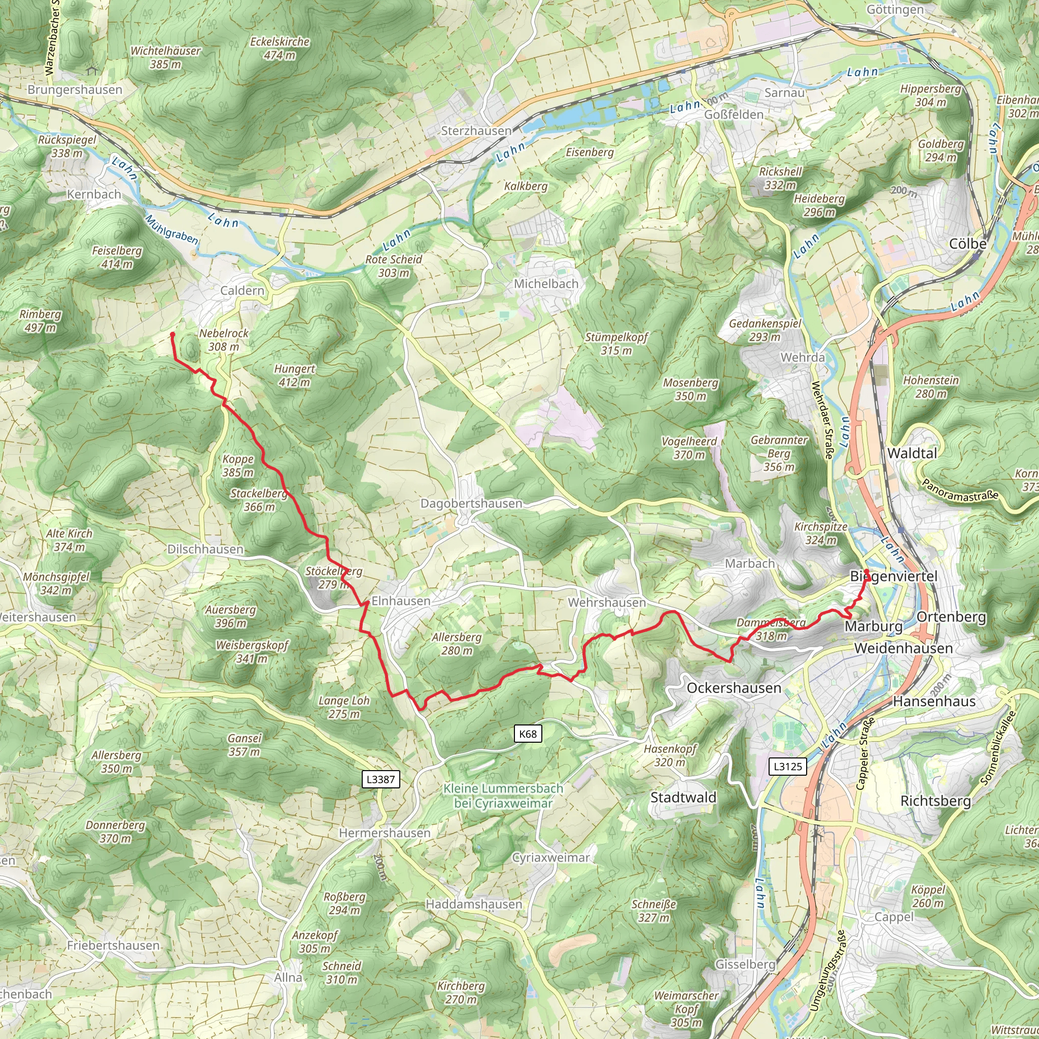 Caldern to Marburg via Rundwandrweg Rumpeltal mobile static map