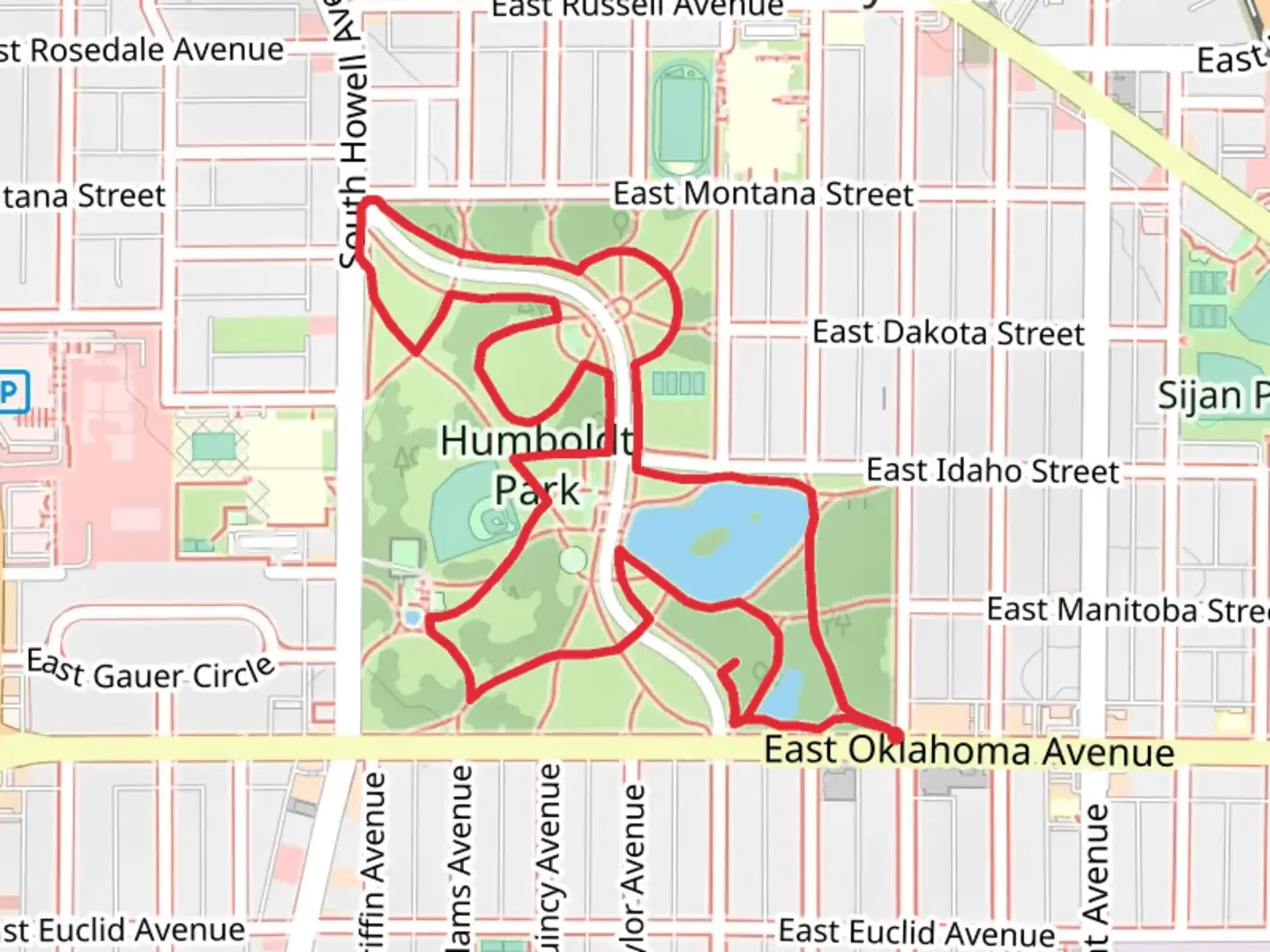 An image depicting the trail Humboldt Park Pond Loop and its surrounding area.