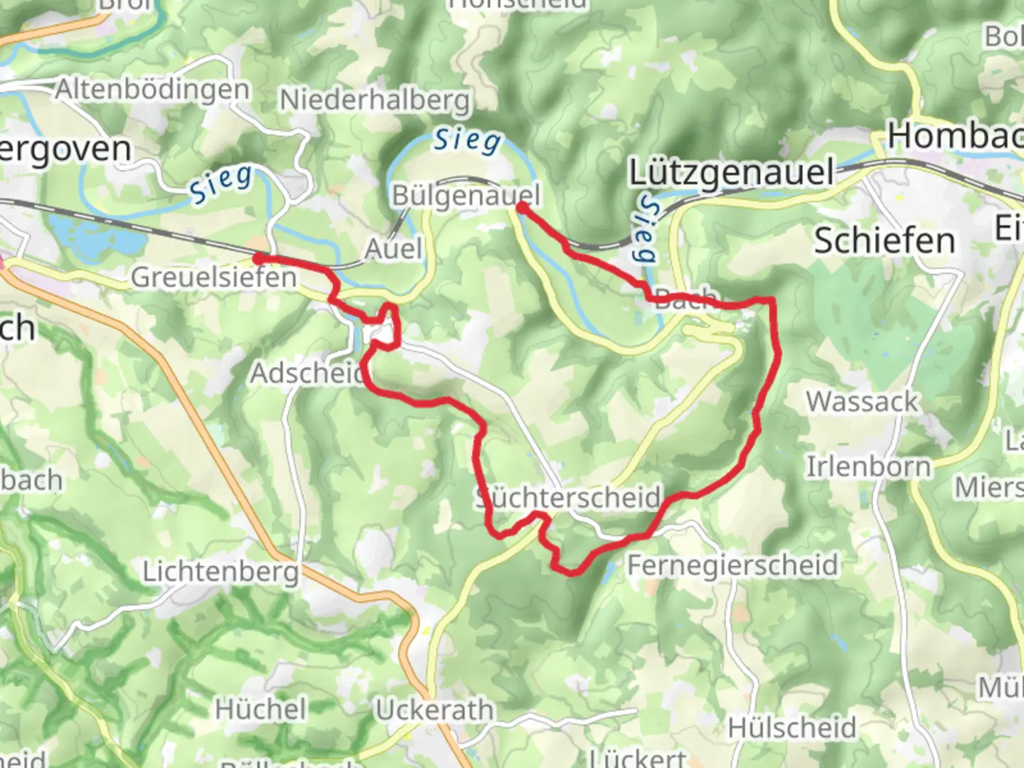 An image depicting the trail Blankenberg to Merten via Bergischer Weg and Natursteig Sieg and its surrounding area.
