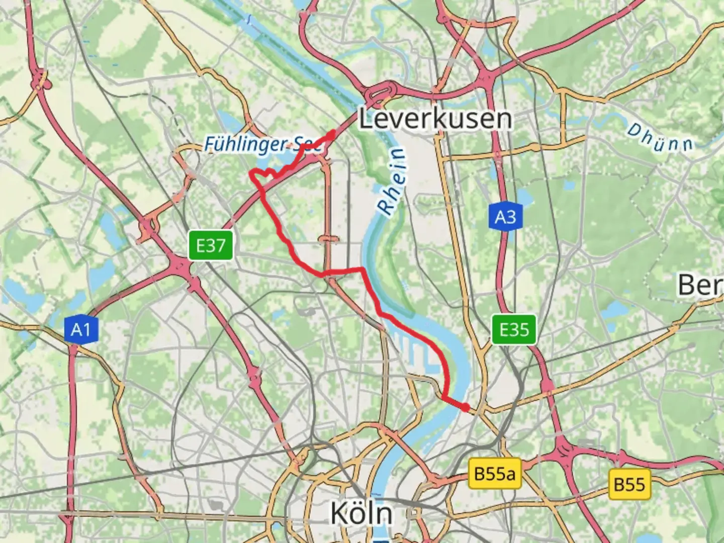 An image depicting the trail Merkenich to Muelheim via Rhine and Niederländer Ufer and its surrounding area.