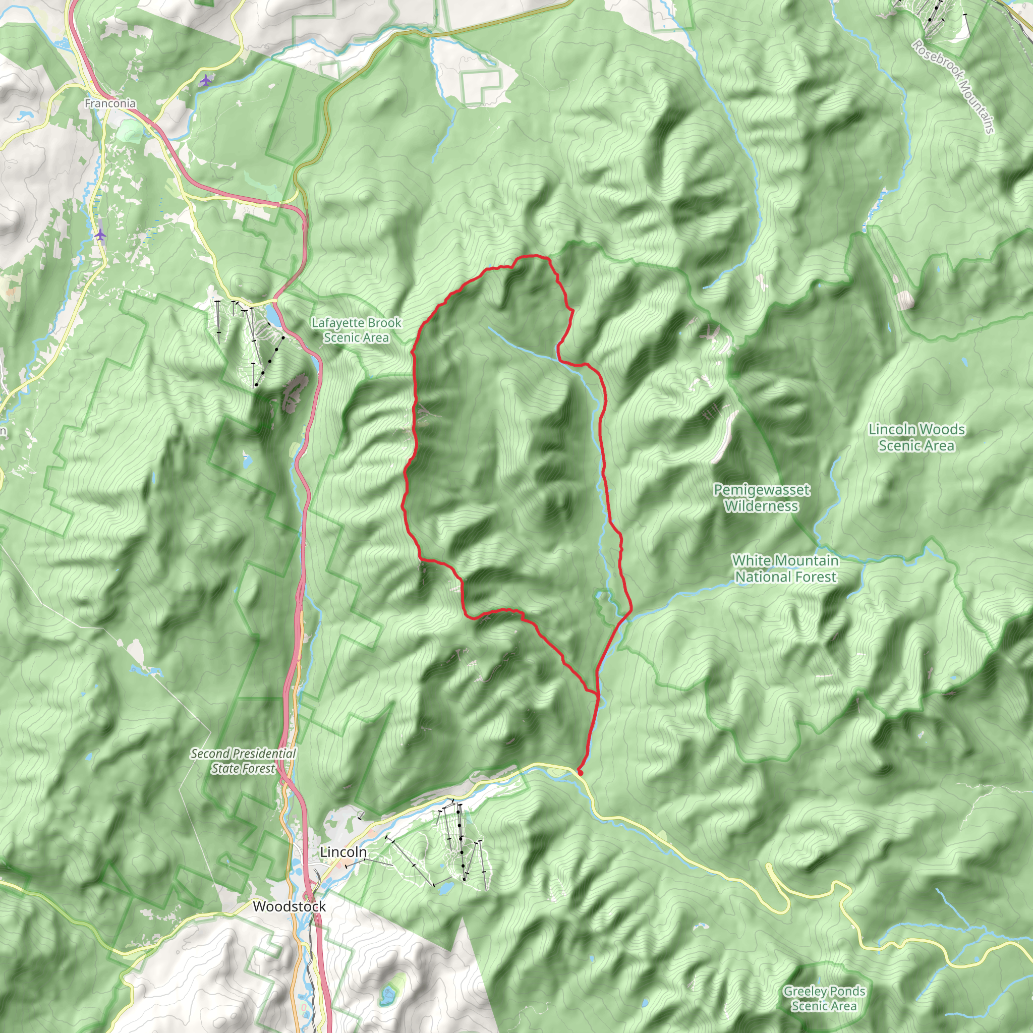 Franconia Ridge Trail and Franconia Brook Trail loop via Lincoln Woods Trail mobile static map
