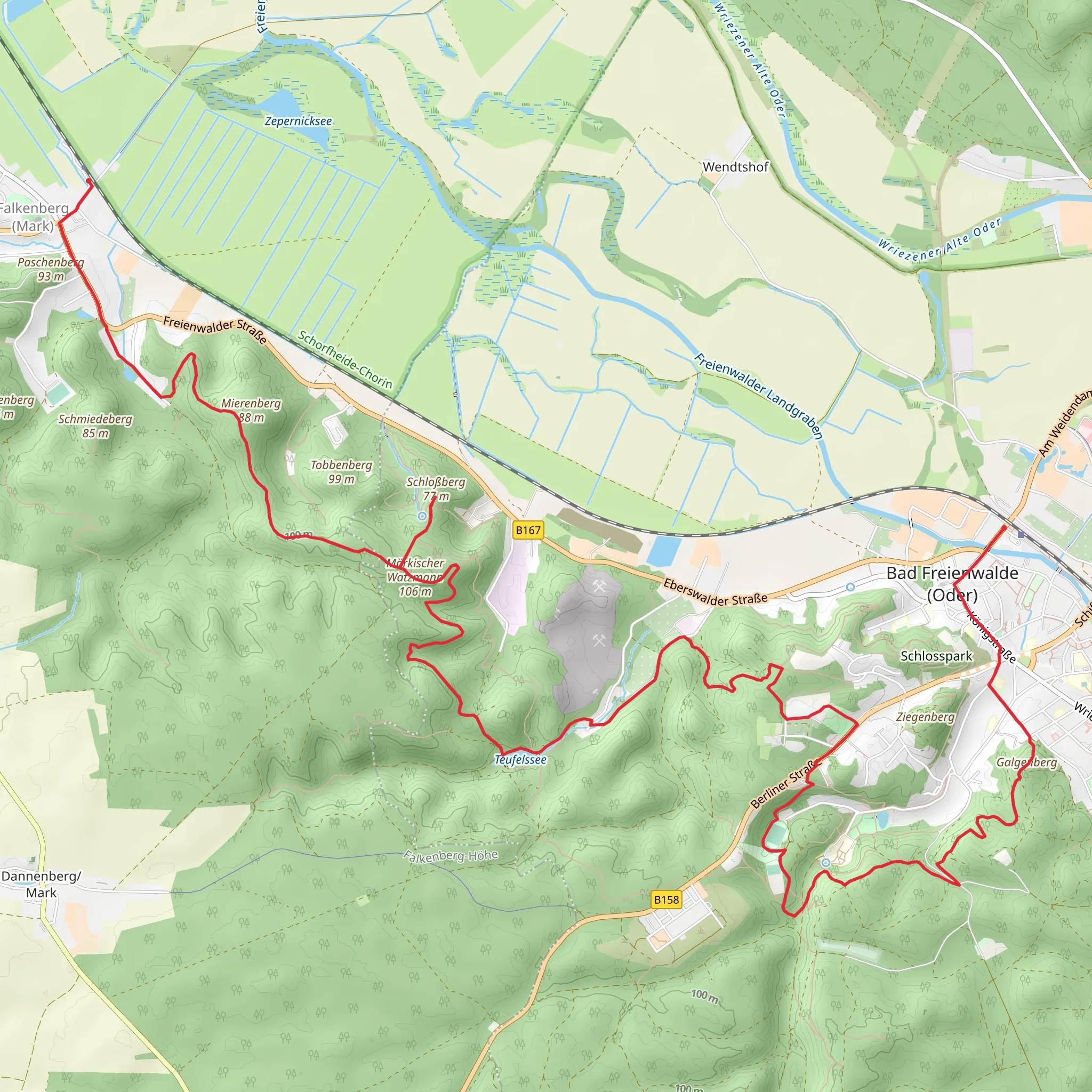 Bad Freienwalde to Falkenberg Walk via Teufelsee Kietze mobile static map