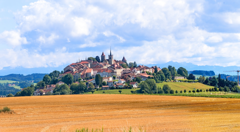 An image depicting the trail Sentier du Vitrail de Romont and its surrounding area.