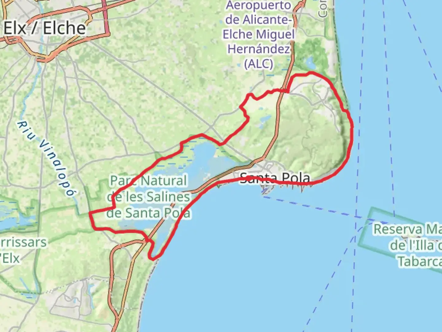 An image depicting the trail GR 232 Volta al terme de Santa Pola and its surrounding area.
