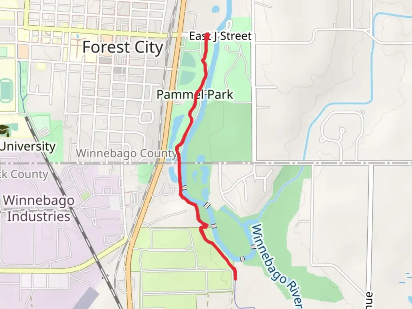 An image depicting the trail Winnebago River Walk and its surrounding area.