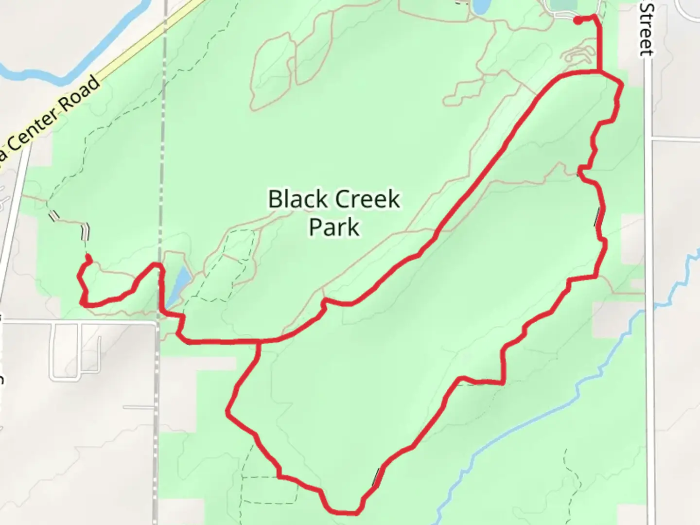 An image depicting the trail Creek and Ridge Trail from Black Creek Park and its surrounding area.