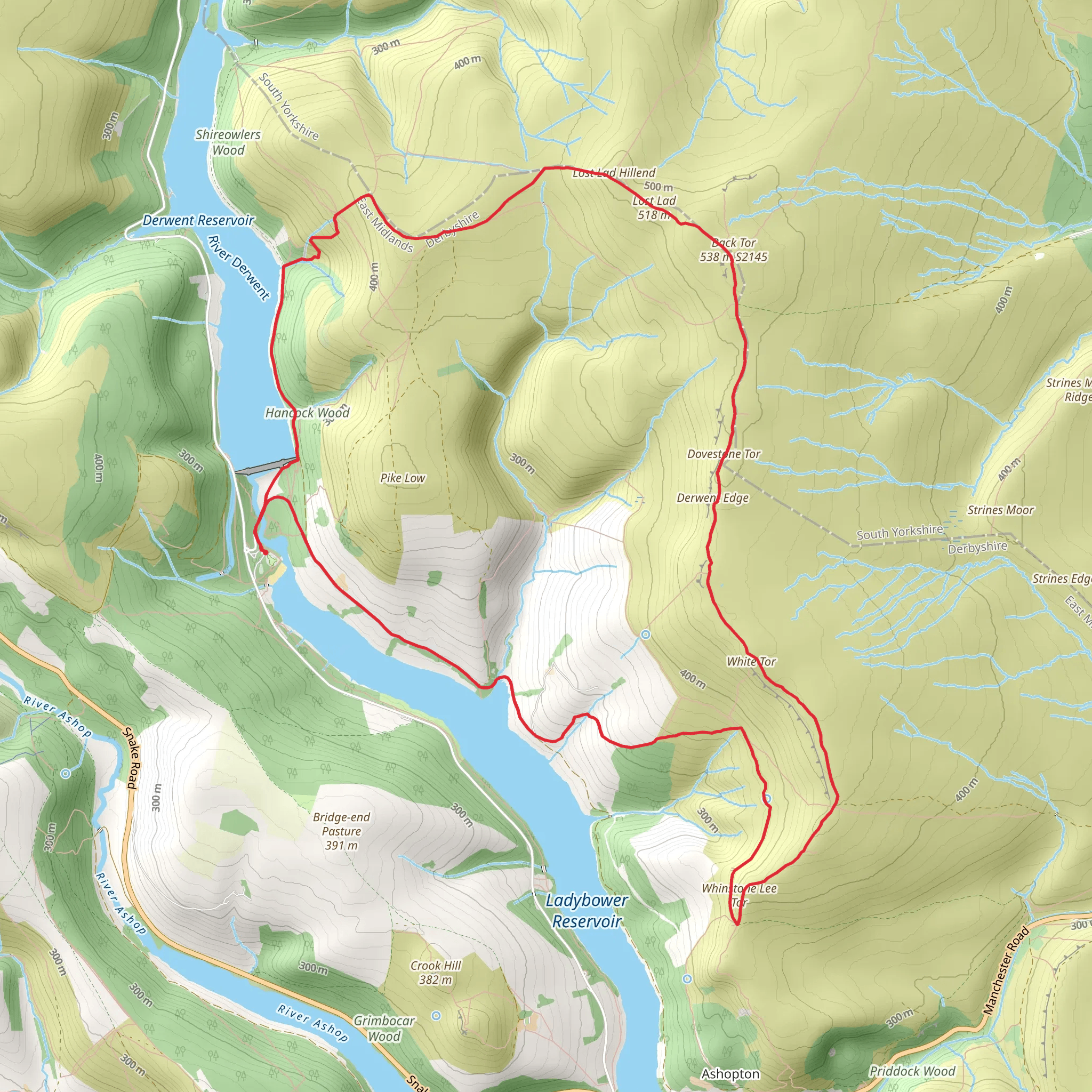 Lost Lad Hillend, Dovestone Tor, Whinstone Lee Tor and Ladybower Reservoir Loop mobile static map