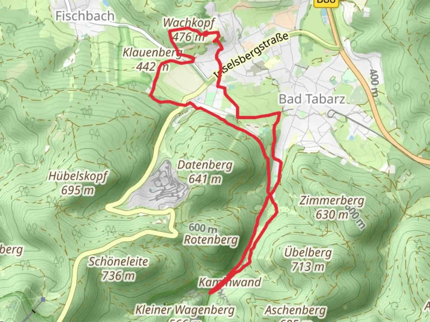 An image depicting the trail Wachkopf via Kneipp-Kurmeile, Rennsteig-Leiter Tabarz and Inselsbergtour and its surrounding area.