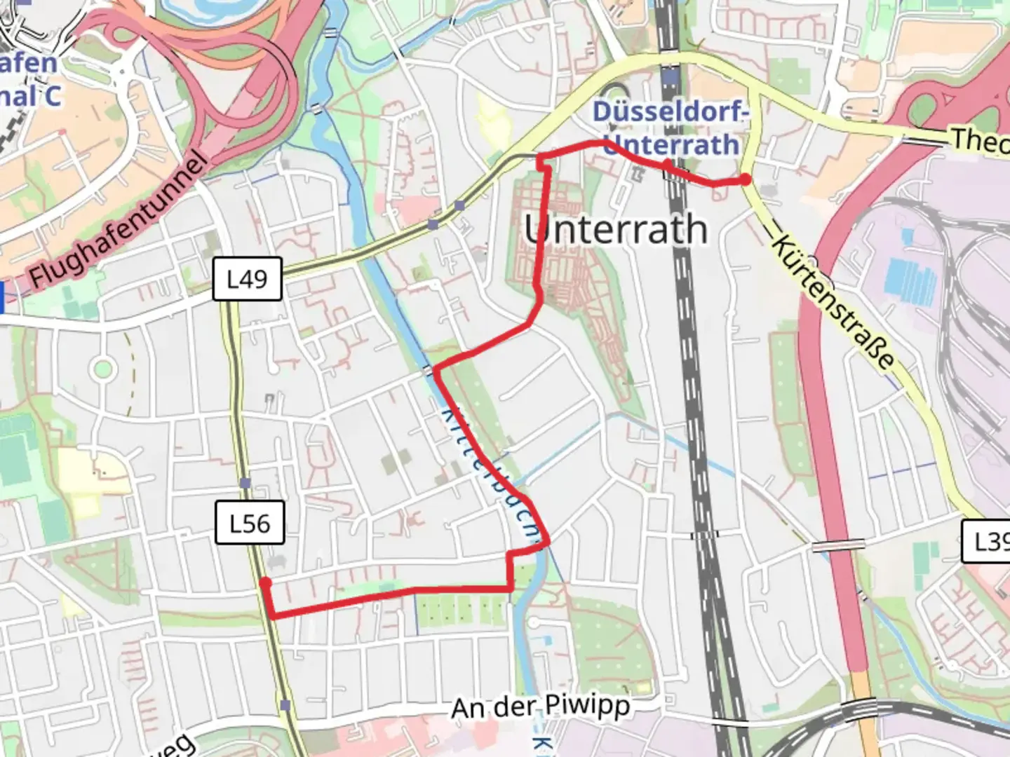 An image depicting the trail Kittelbach in Unterrath and its surrounding area.