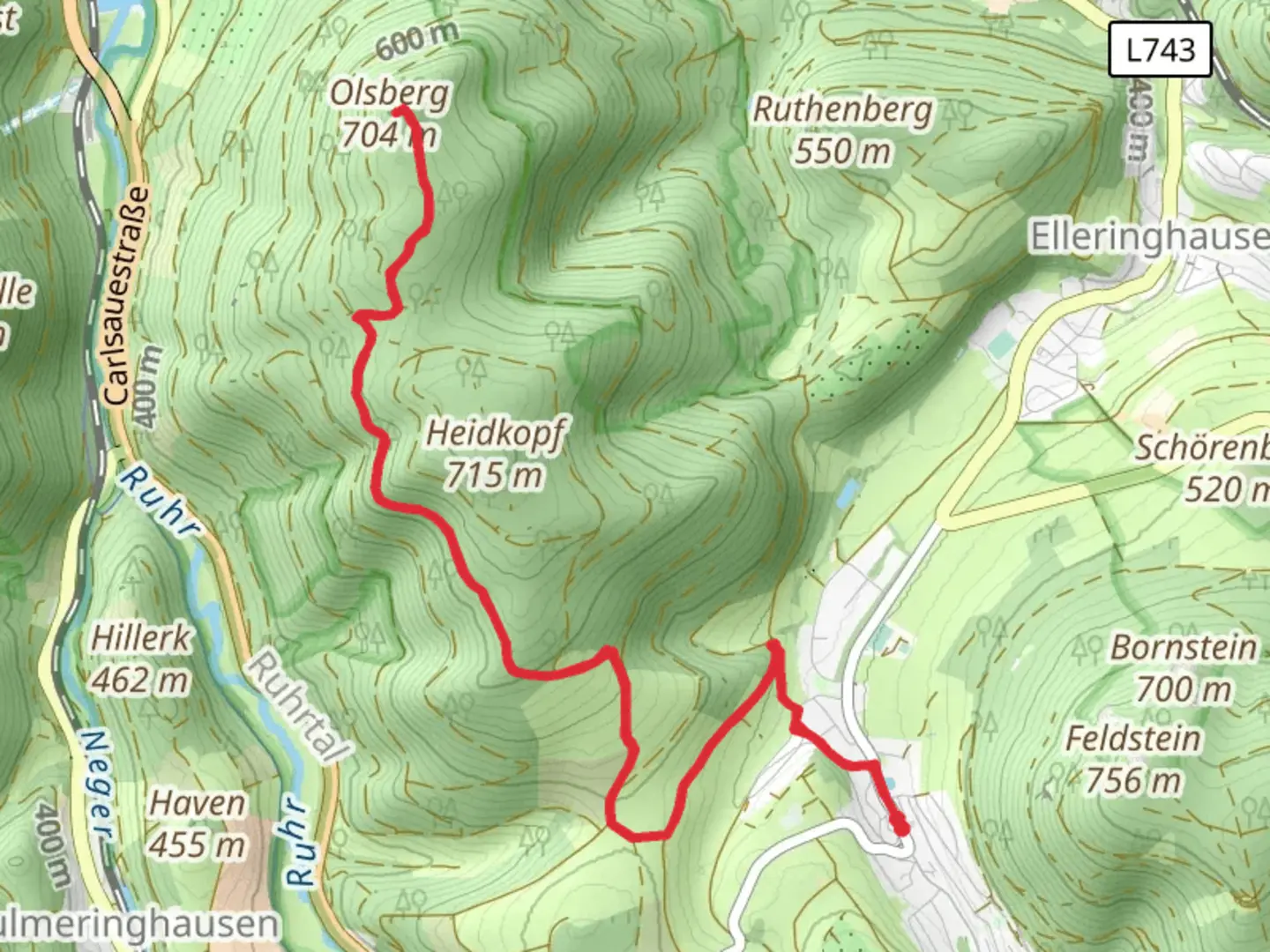 An image depicting the trail Olsberg Out and Back and its surrounding area.