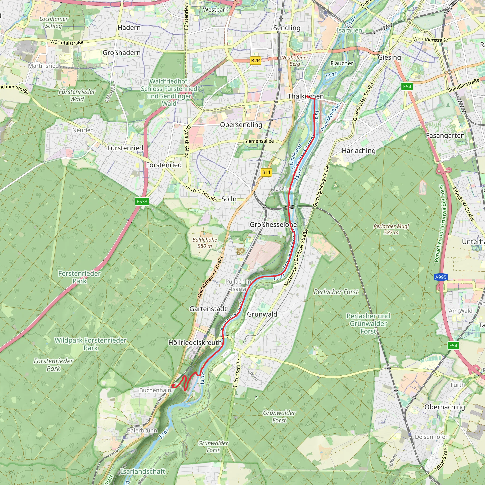 Kirchen to Buchenhain via Isarwerkkanal mobile static map