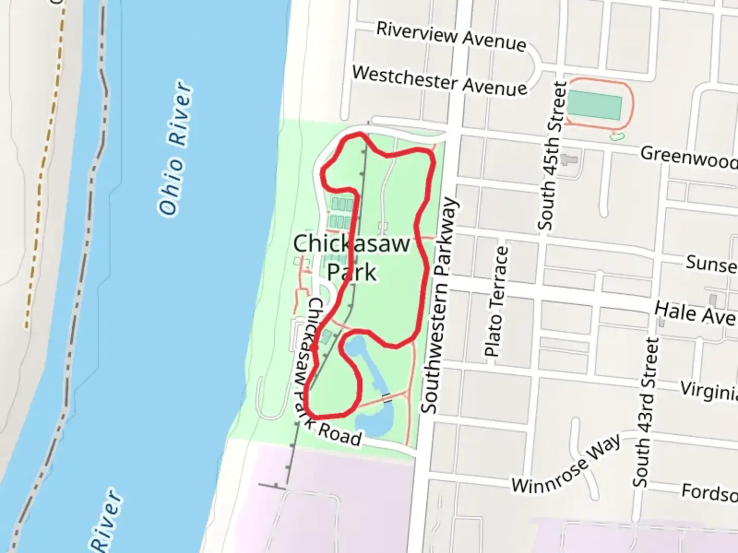 An image depicting the trail Chickasaw Park Loop and its surrounding area.