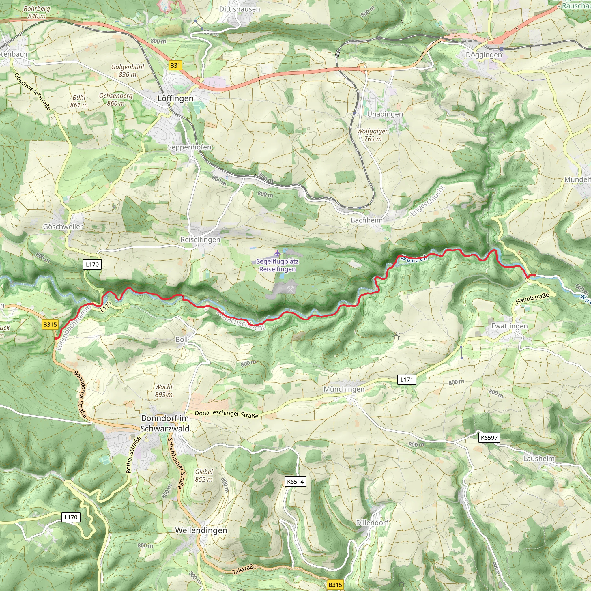 Wutachmühle to Bonndorfer Straße Walk via Genießerpfad 3 Schluchten Tour mobile static map