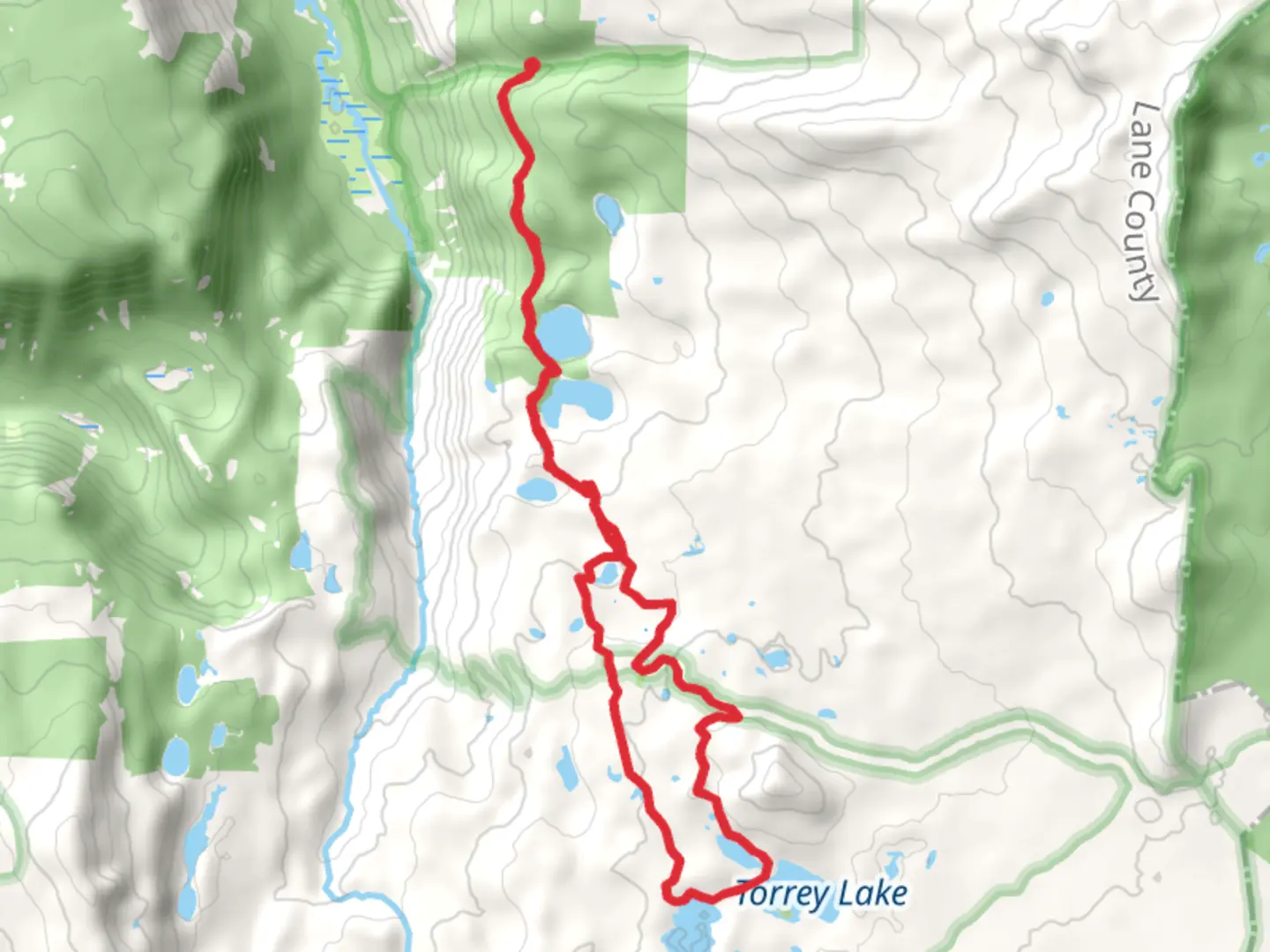 An image depicting the trail Erma Bell Lakes, Mud Lake, Whig Lake, Wahanna Lake and Torrey Lake Loop and its surrounding area.