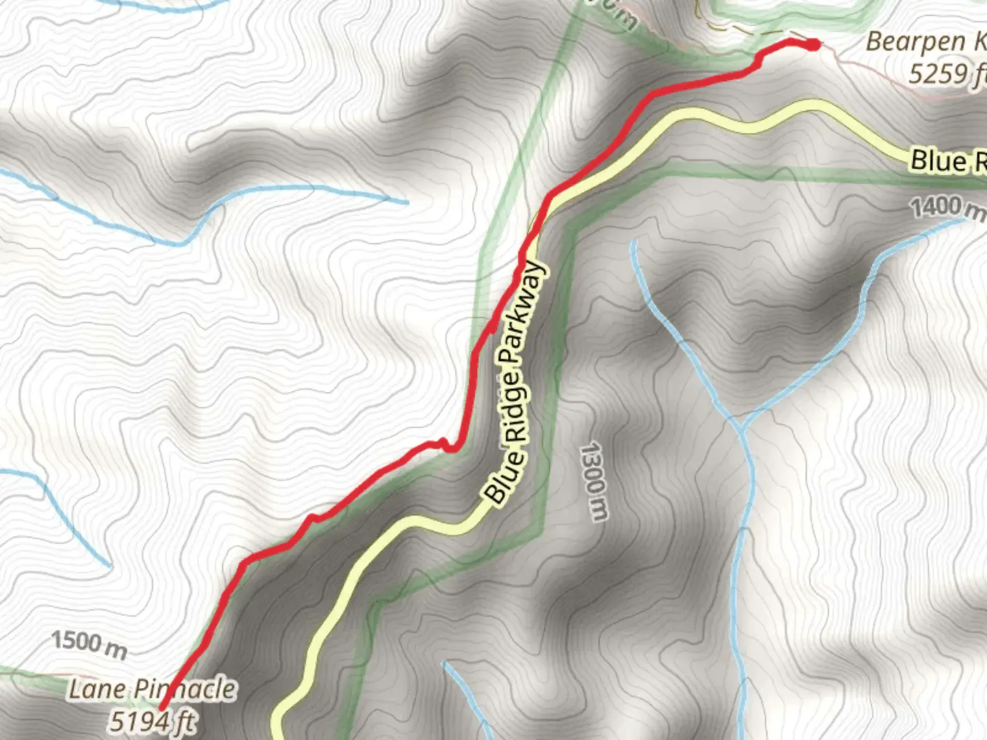 An image depicting the trail Lane Pinnacle via Mountains-to-Sea Trail and its surrounding area.