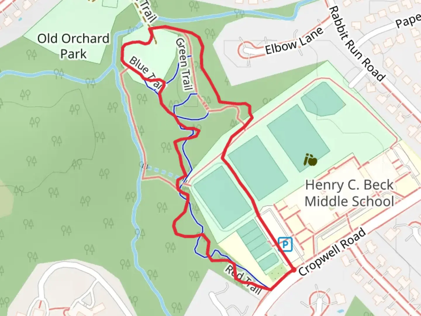 An image depicting the trail Old Orchard Park - Blue Loop Trail and its surrounding area.