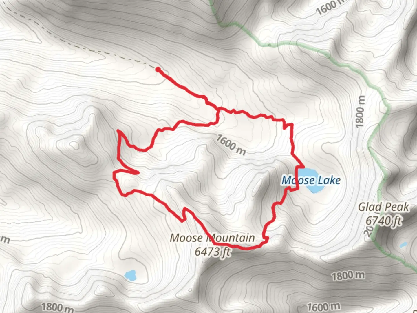 An image depicting the trail Moose Mountain Loop via Moose Lake Trail and its surrounding area.