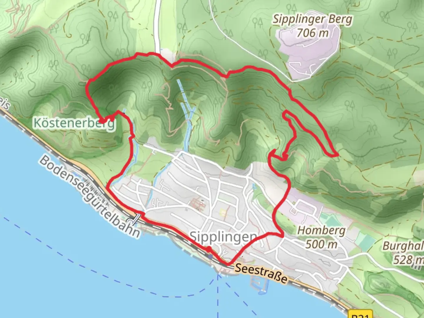 An image depicting the trail SeeGang and Heuberg-Allgaeu Weg and its surrounding area.