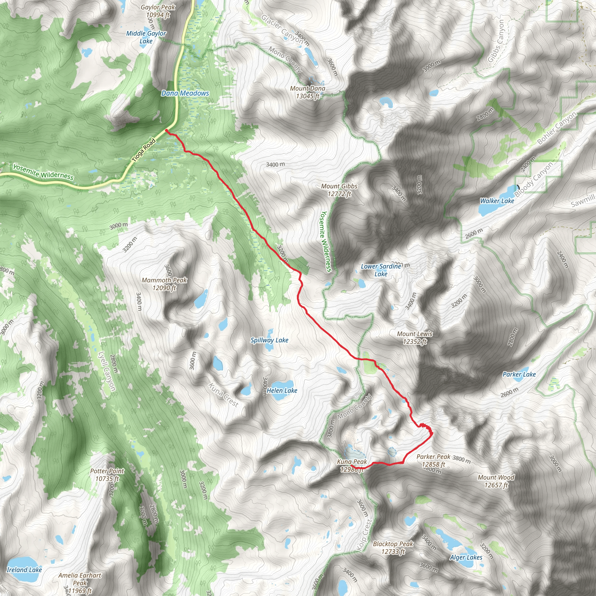 Kuna and Koip Peak via Mono Pass Trail mobile static map