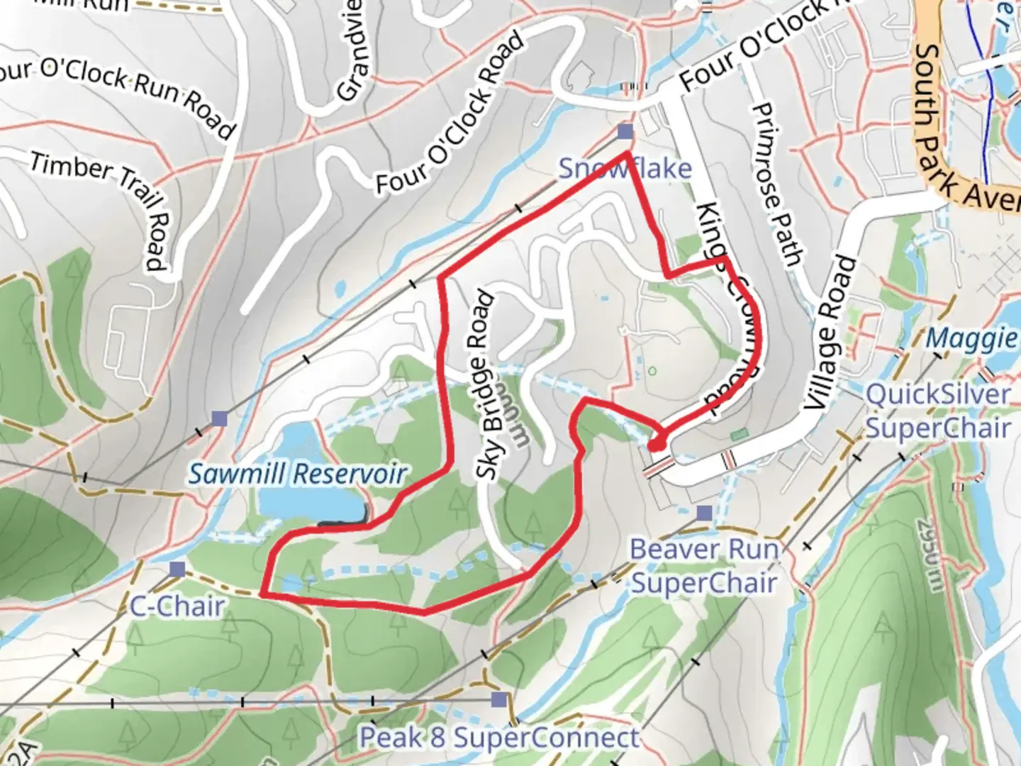 An image depicting the trail Sawmill Reservoir via Lower Sawmill and Snowflake Trail Loop and its surrounding area.