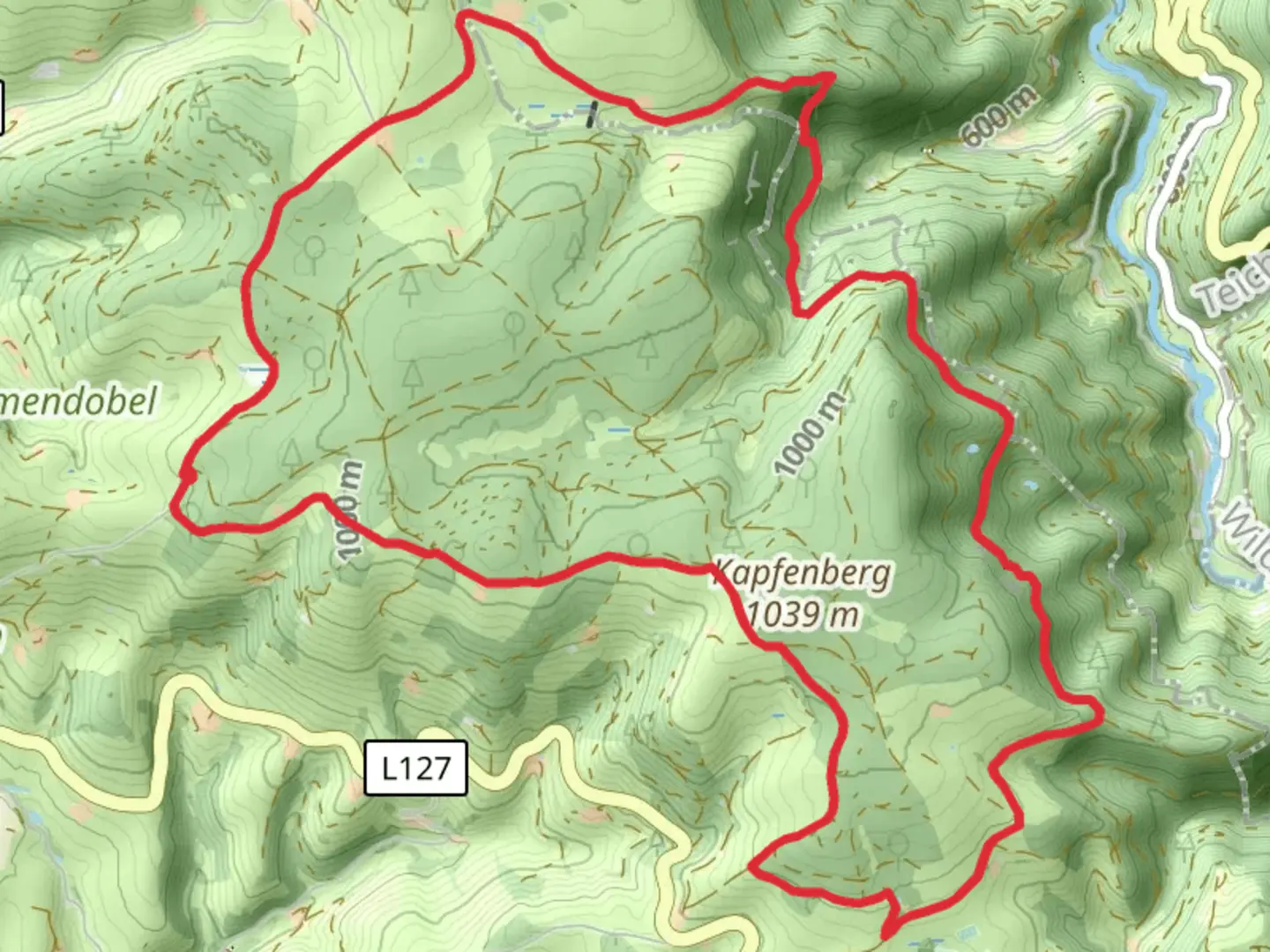 An image depicting the trail Kapfenkapelle, Hirschbachfälle and Plattenteich Loop via Hochschwarzwald Jakobusweg and its surrounding area.