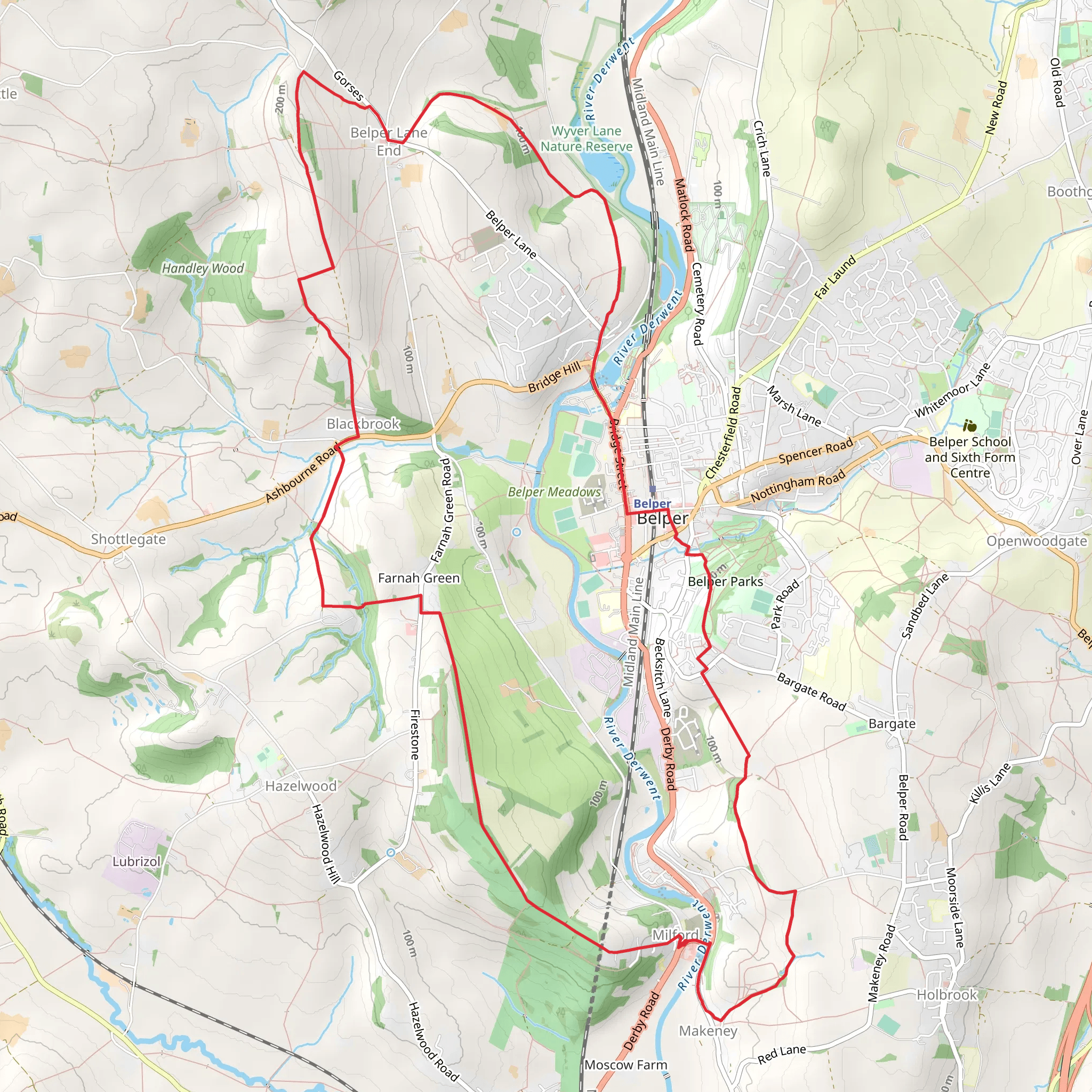 Squirrel Woods and Wyver Wood via Midshires Way and Derwent Valley Heritage Way mobile static map