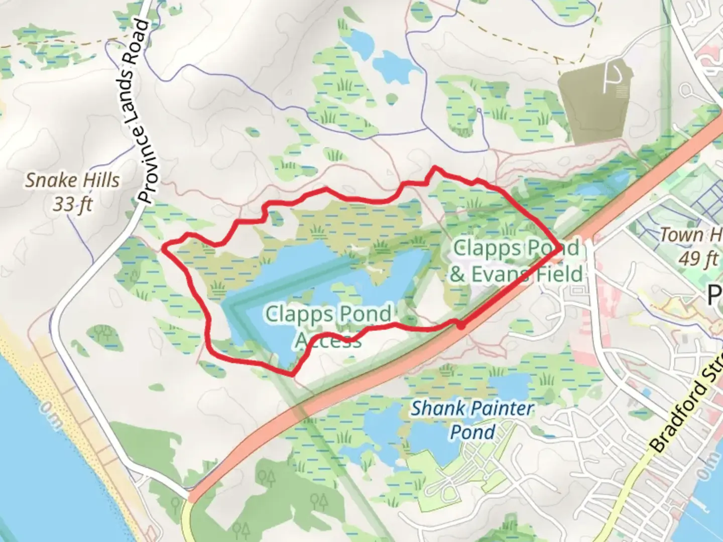 An image depicting the trail Clapps Pond and Evans Field Loop Trail and its surrounding area.