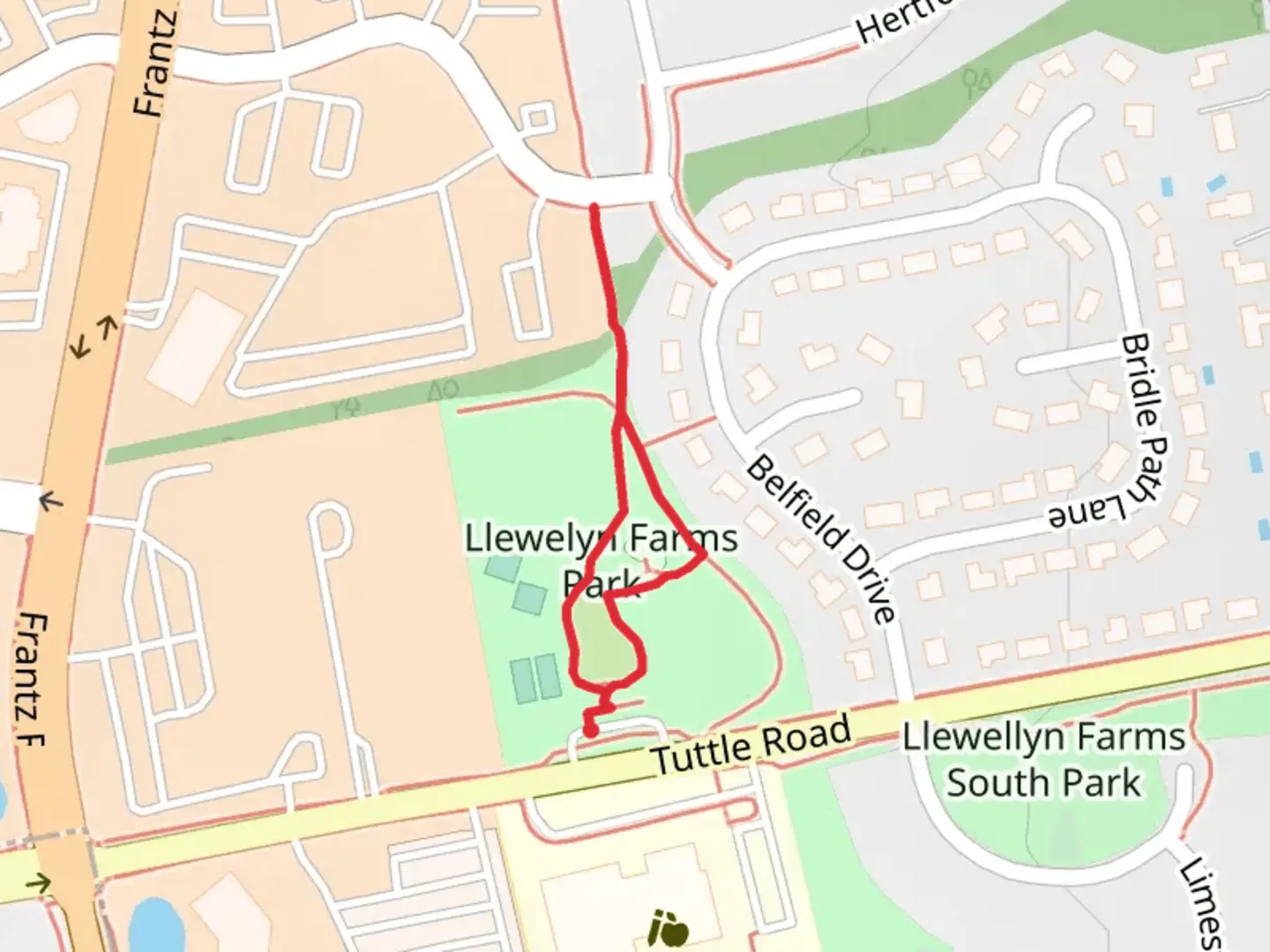 An image depicting the trail Llewelyn Farms Park Loop and its surrounding area.