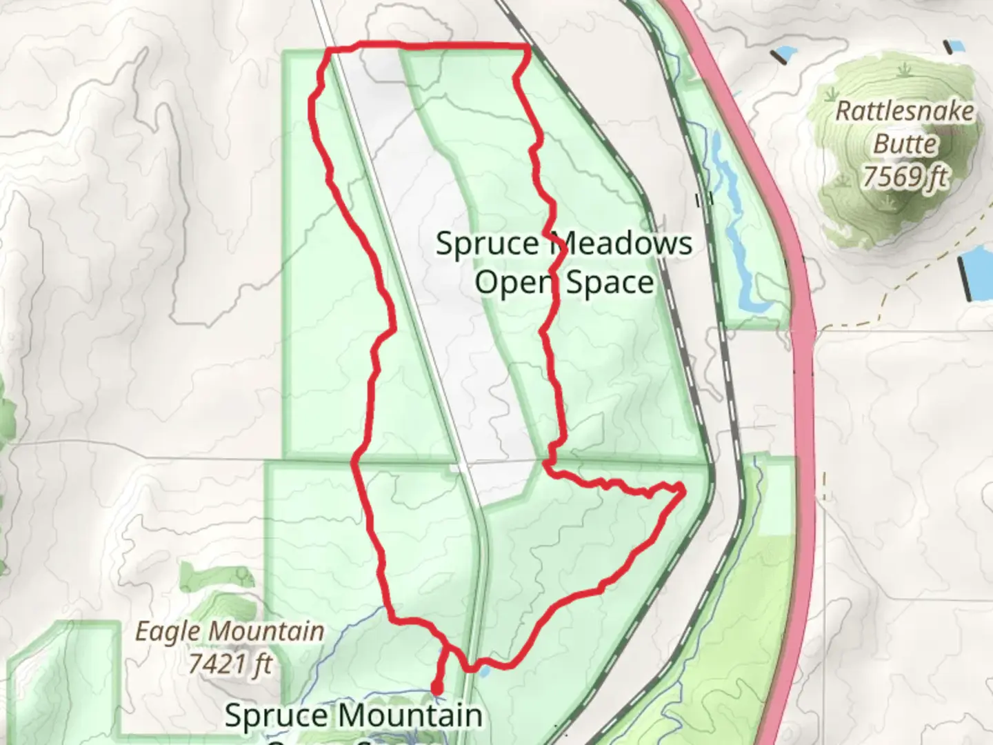 An image depicting the trail Spruce Meadows Loop Trail and its surrounding area.