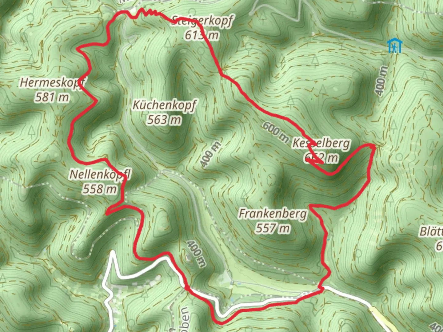 An image depicting the trail Drei Buchen, Steigerkopf and Kesselberg Loop via Edesheimer Wald and its surrounding area.
