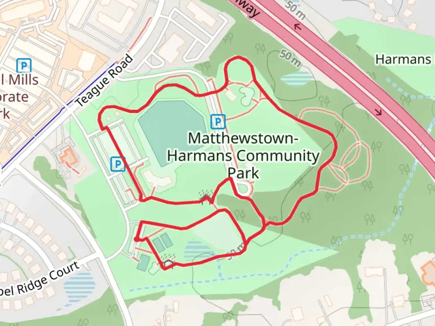 An image depicting the trail Harmans Park Loop and its surrounding area.
