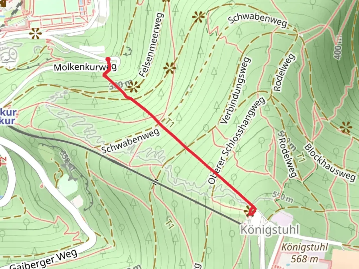 An image depicting the trail Königstuhl via Neckarsteig and its surrounding area.