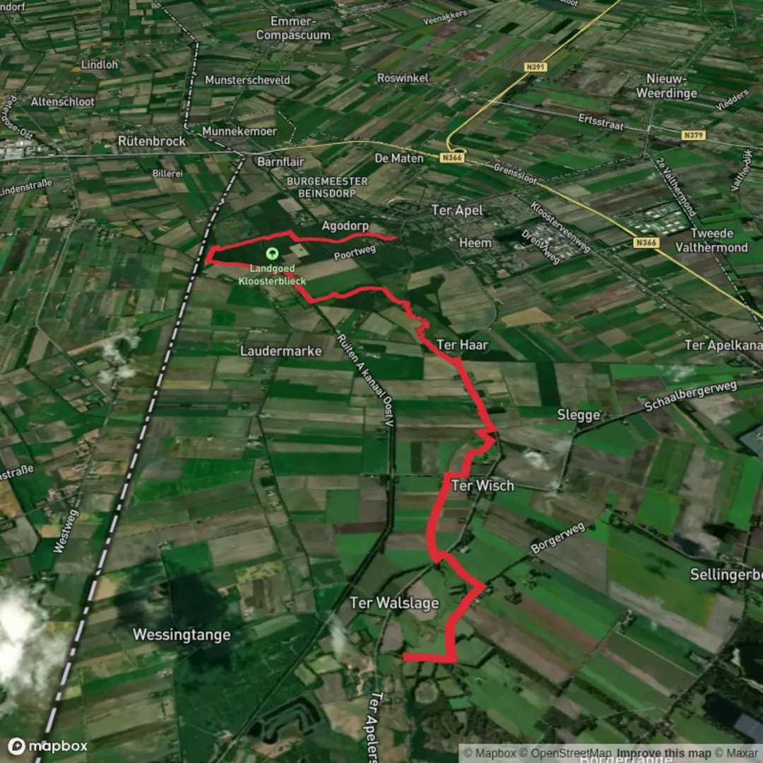 An image depicting the trail Laude to Ter Apel via Noaberpad and Westerwoldepad and its surrounding area.