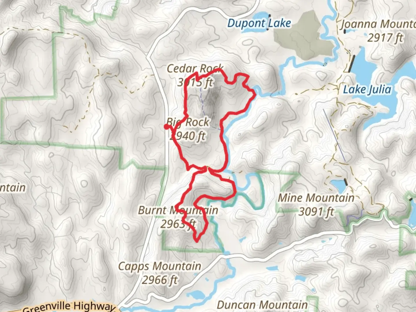An image depicting the trail Corn Mill Shoals Trail, Little River Trail and Cedar Rock Trail Loop and its surrounding area.