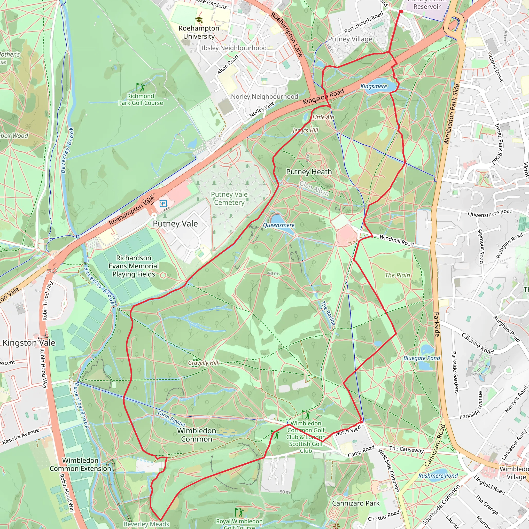Wimbledon and Putney Commons Loop mobile static map