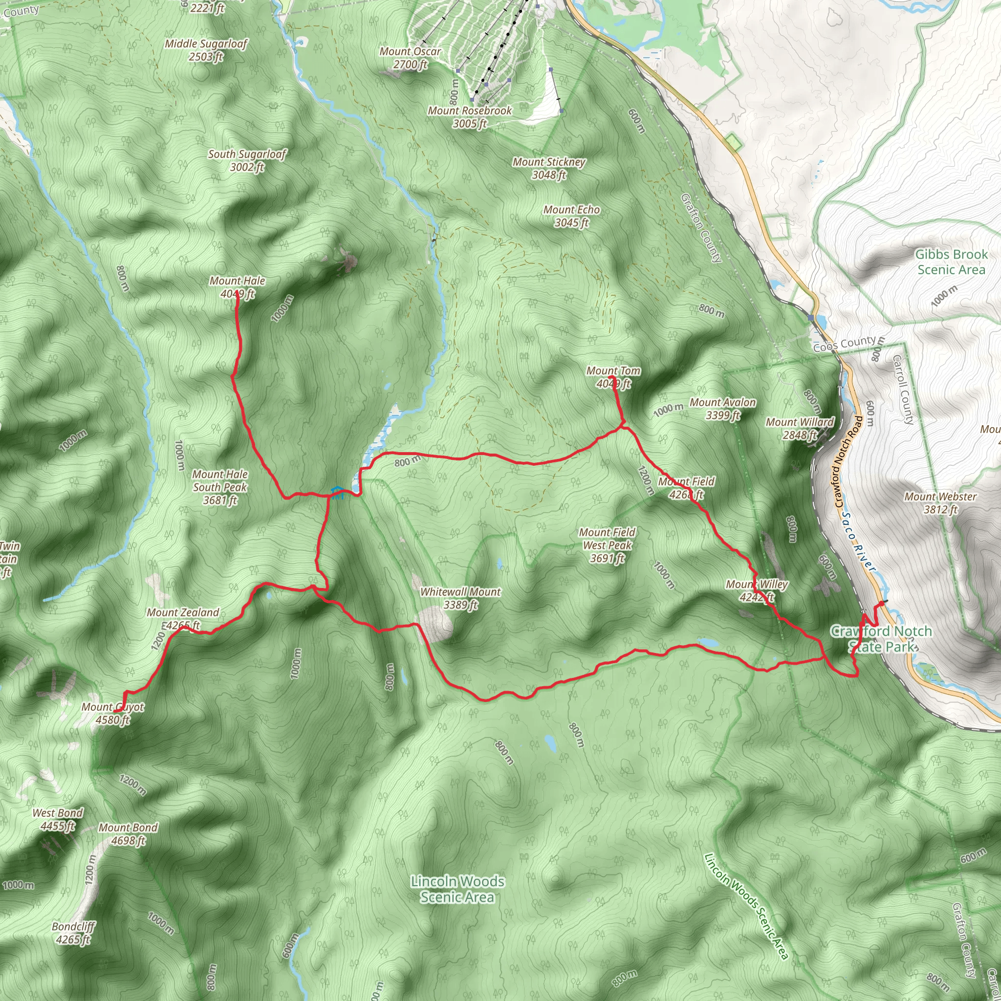 Mount Tom, Mount Hale, Mount Guyot and Ethan Pond Loop Trail mobile static map