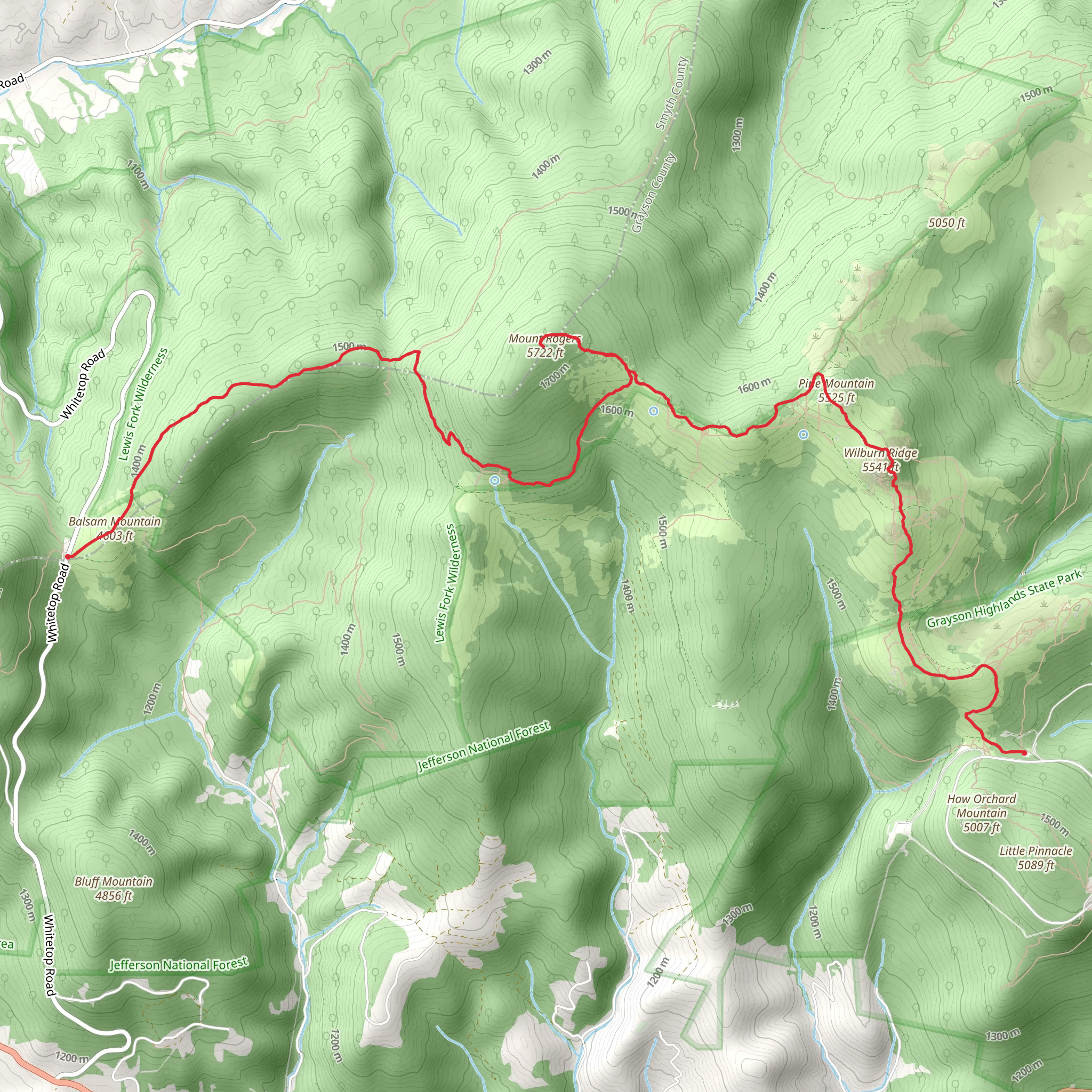 Pine Mountain, Mount Rogers and Balsam Mountain via Appalachian Trail mobile static map