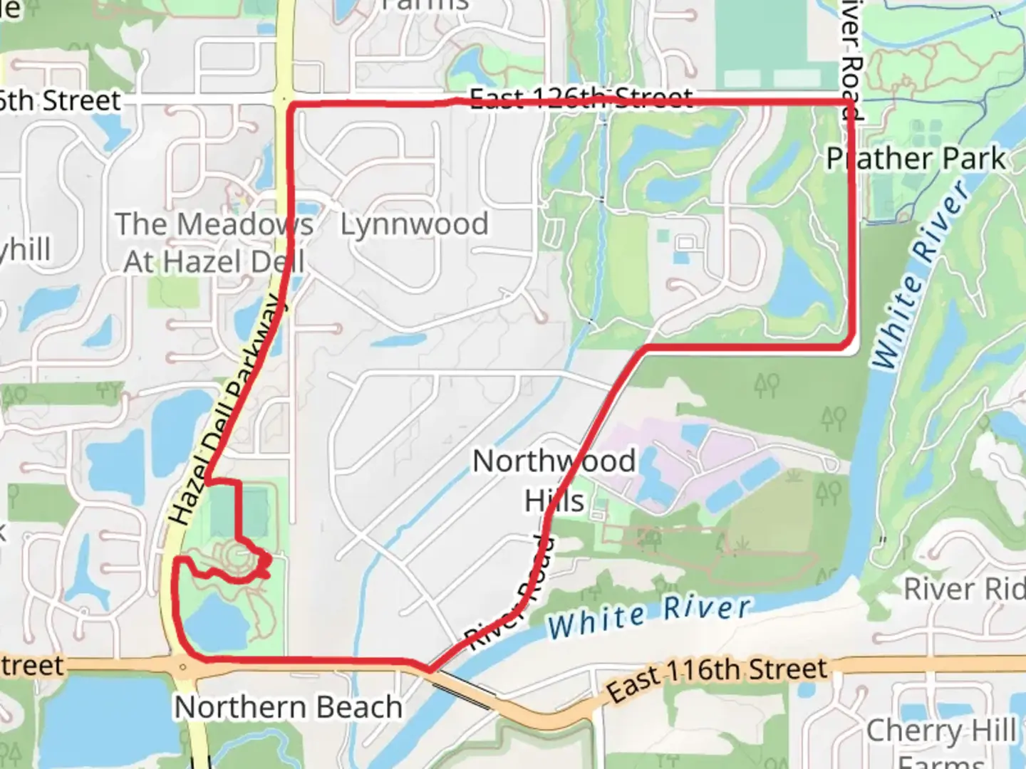 An image depicting the trail Northwood Hill and Hazel Dell Parkway Loop and its surrounding area.