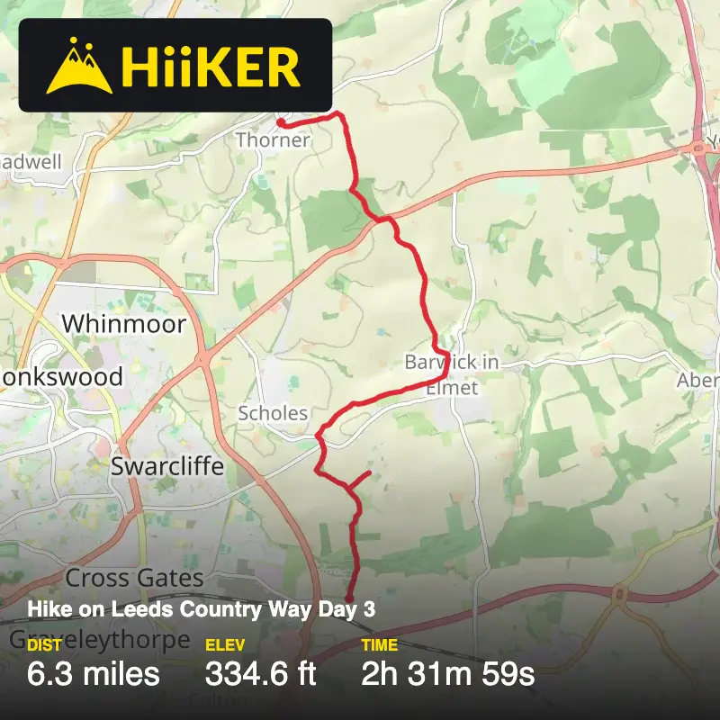 A map preview of the recording Hike on Leeds Country Way Day 3.