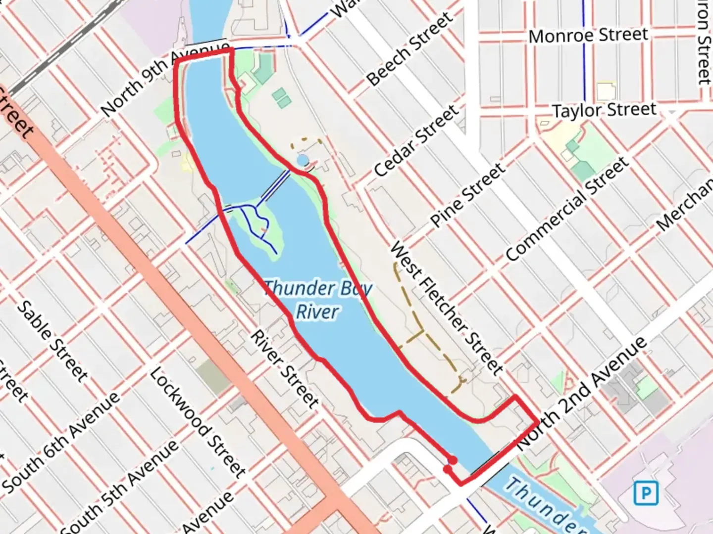 An image depicting the trail Alpena Rotary Island Mill Park and Great Lakes Maritime Heritage Loop Trail and its surrounding area.
