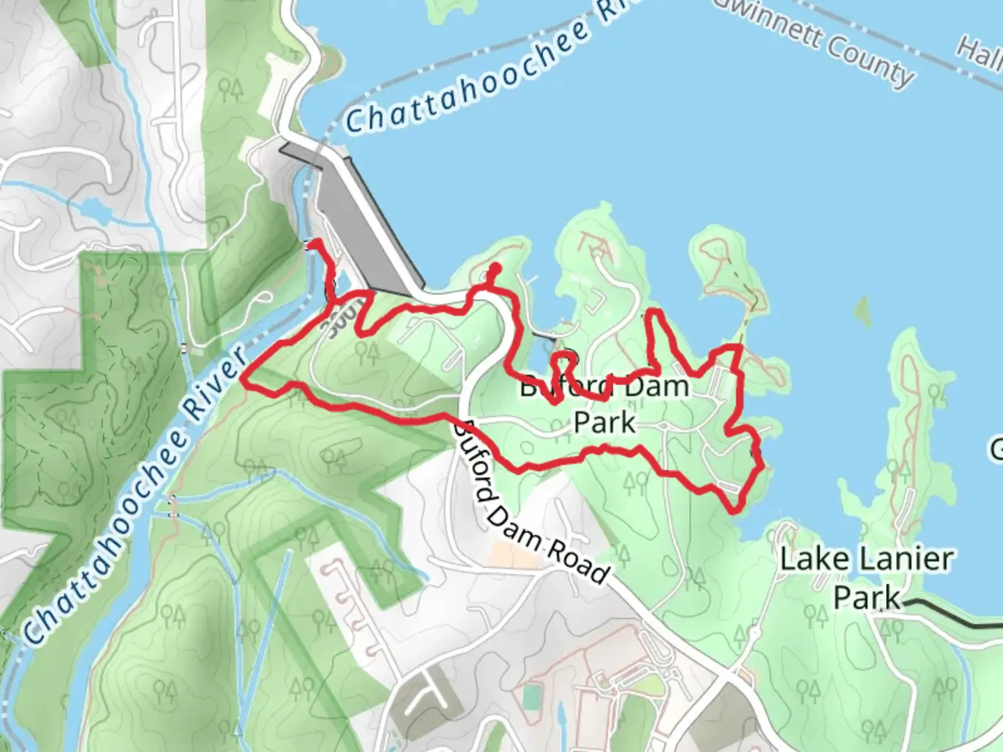 An image depicting the trail Buford Dam Park Loop and its surrounding area.