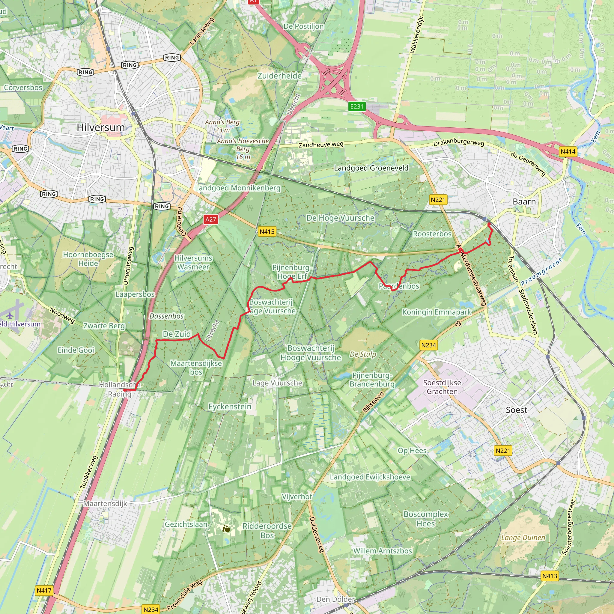 Hollandsche Rading to Baarn via Oertijd Route and Trekvogelpad mobile static map