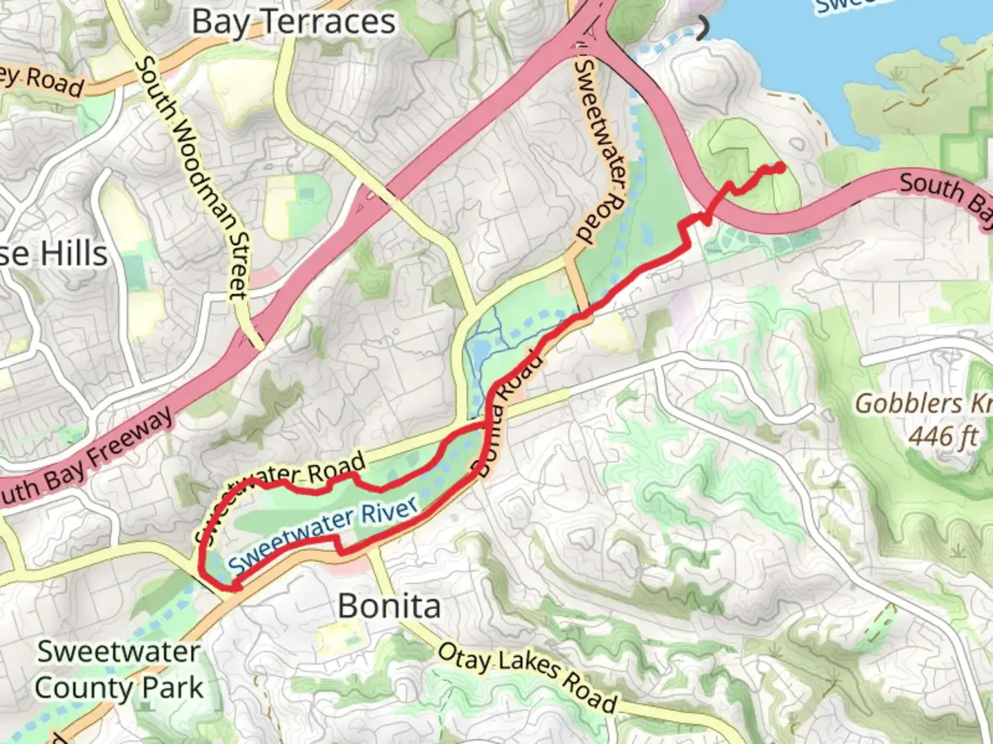 An image depicting the trail Sweetwater Park Trail Loop and its surrounding area.