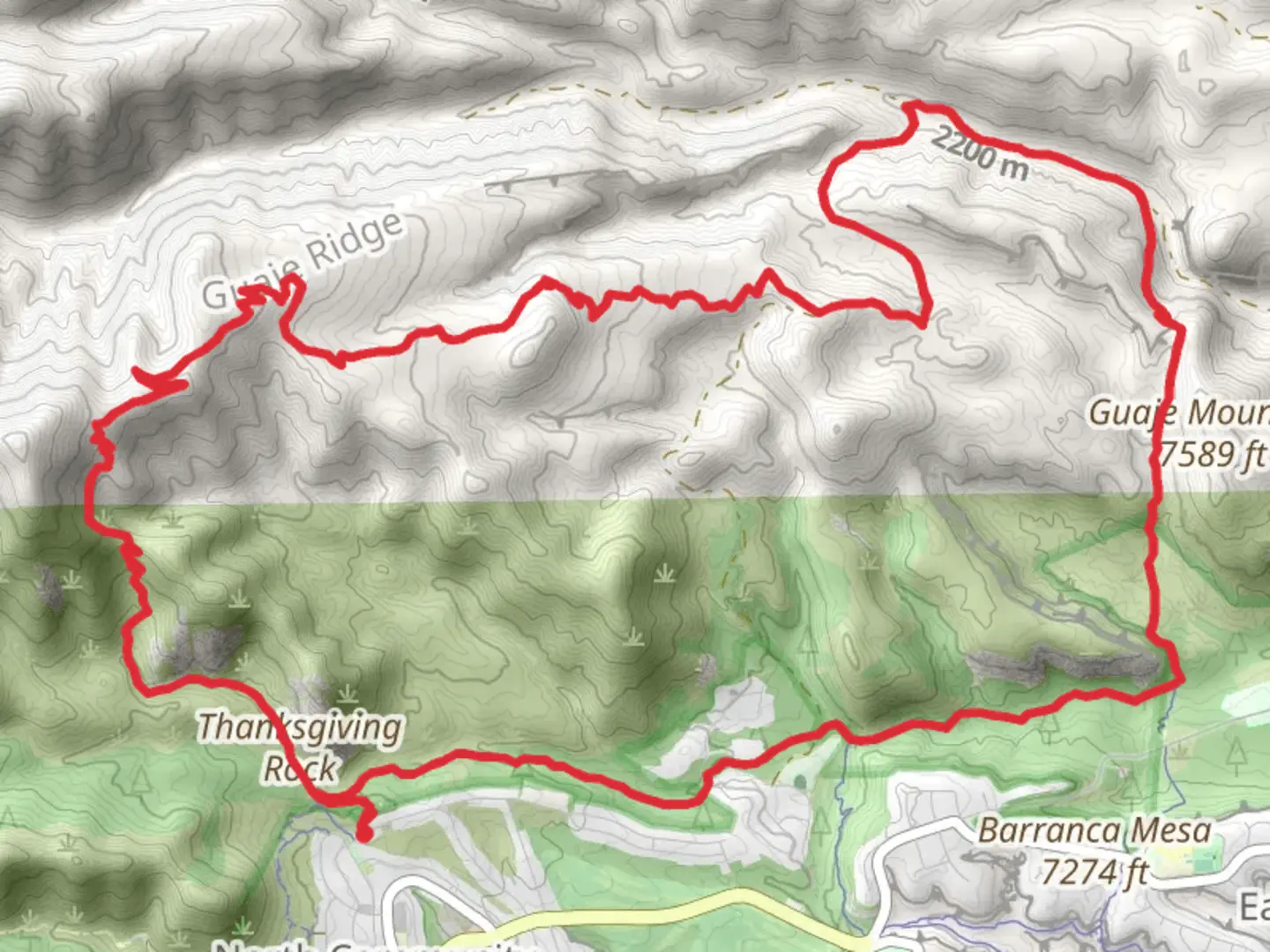 An image depicting the trail Upper Guaje Trail, Pajarito Trail and Perimeter Trail Loop and its surrounding area.