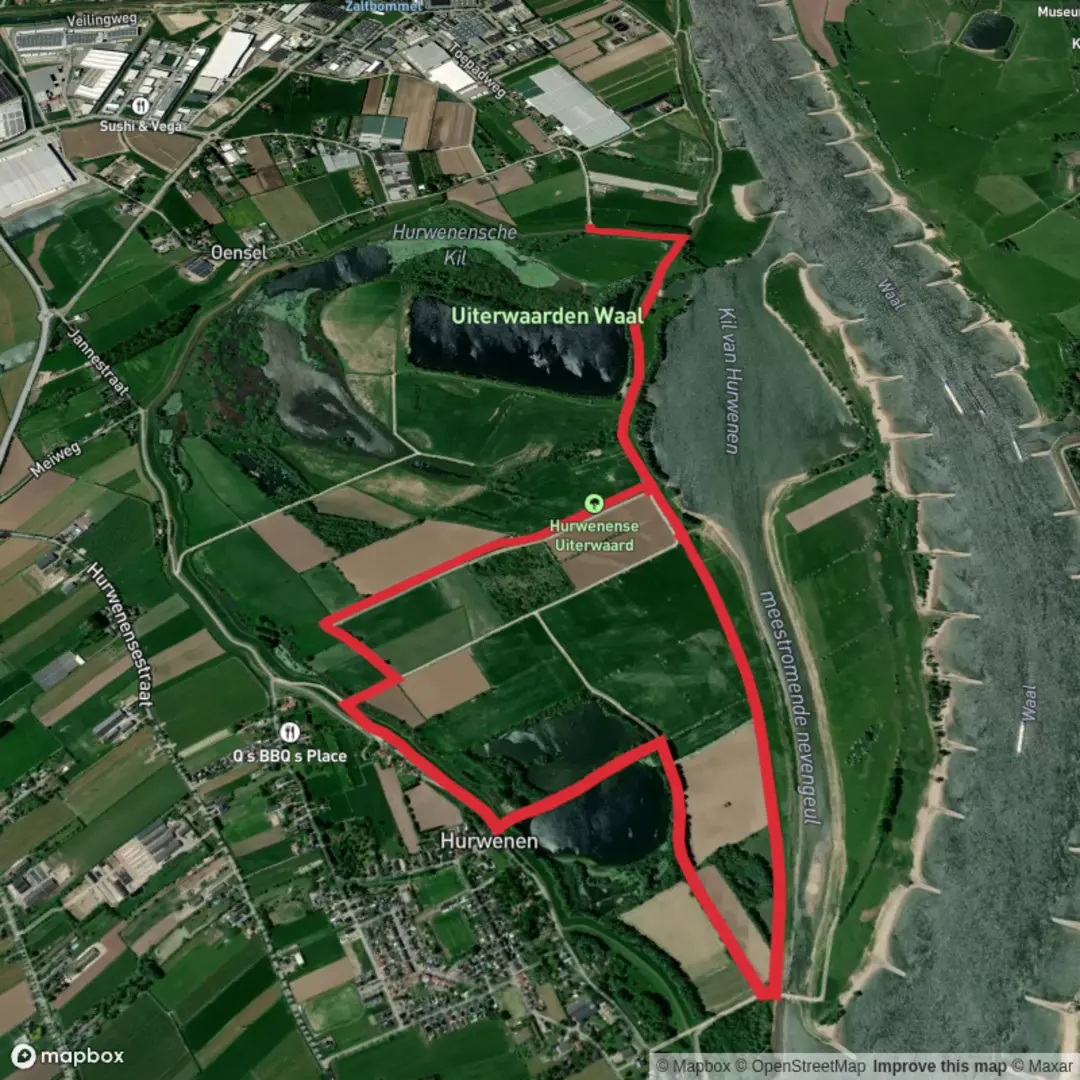 An image depicting the trail Kil Van Hurweren and Zandgat via Maarten van Rossumpad and its surrounding area.