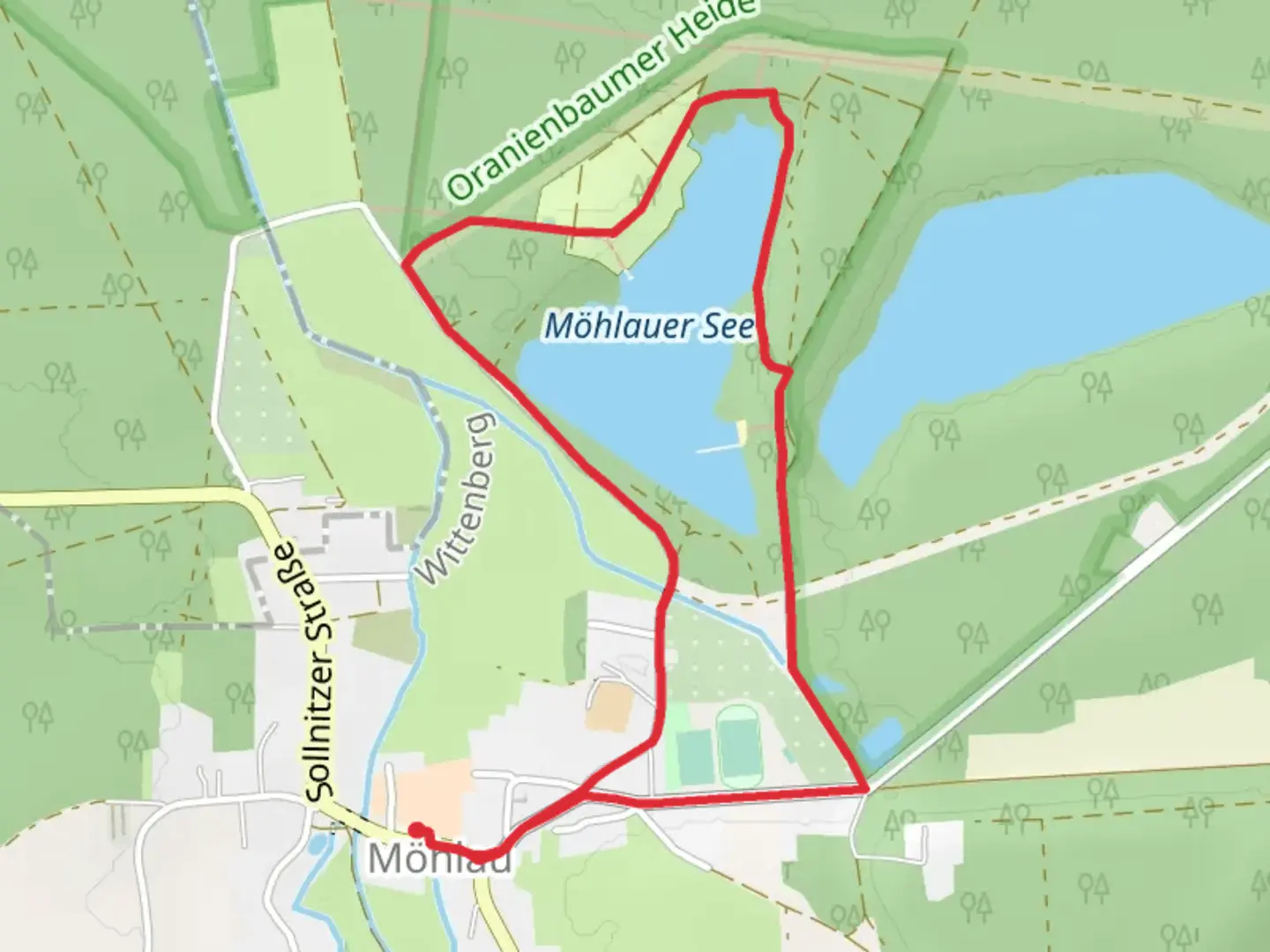 An image depicting the trail Möhlauer See via Heidesteig and its surrounding area.