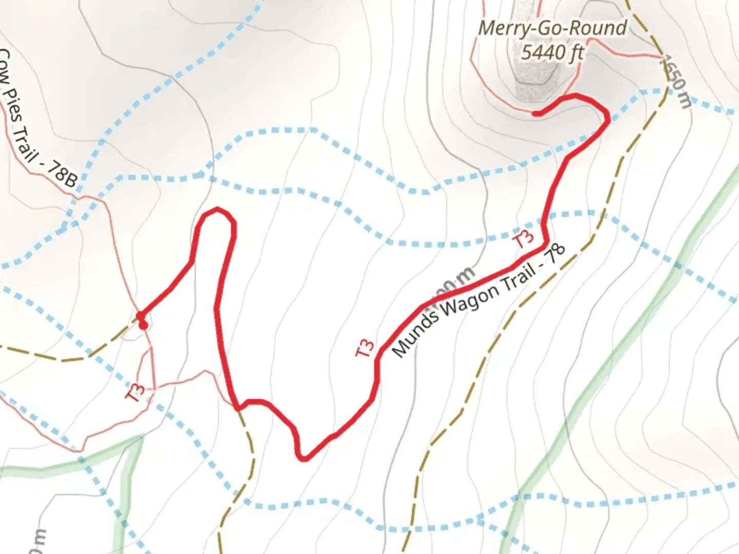 An image depicting the trail Merry-Go-Round via Munds Wagon Trail - Short and its surrounding area.